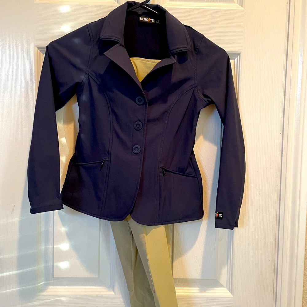 Girls equestrian show outfit.Kerrits Hunt coat,  riding pants,Ovation show shirt